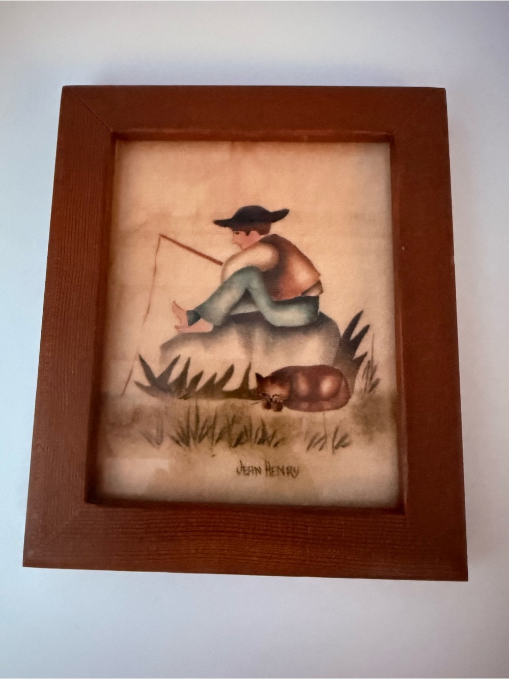 Jean Henry Signed Theorem Painting Framed Folk Art Boy Fishing Cat Mini Small